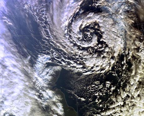 A satellite image of a polar low near Norway