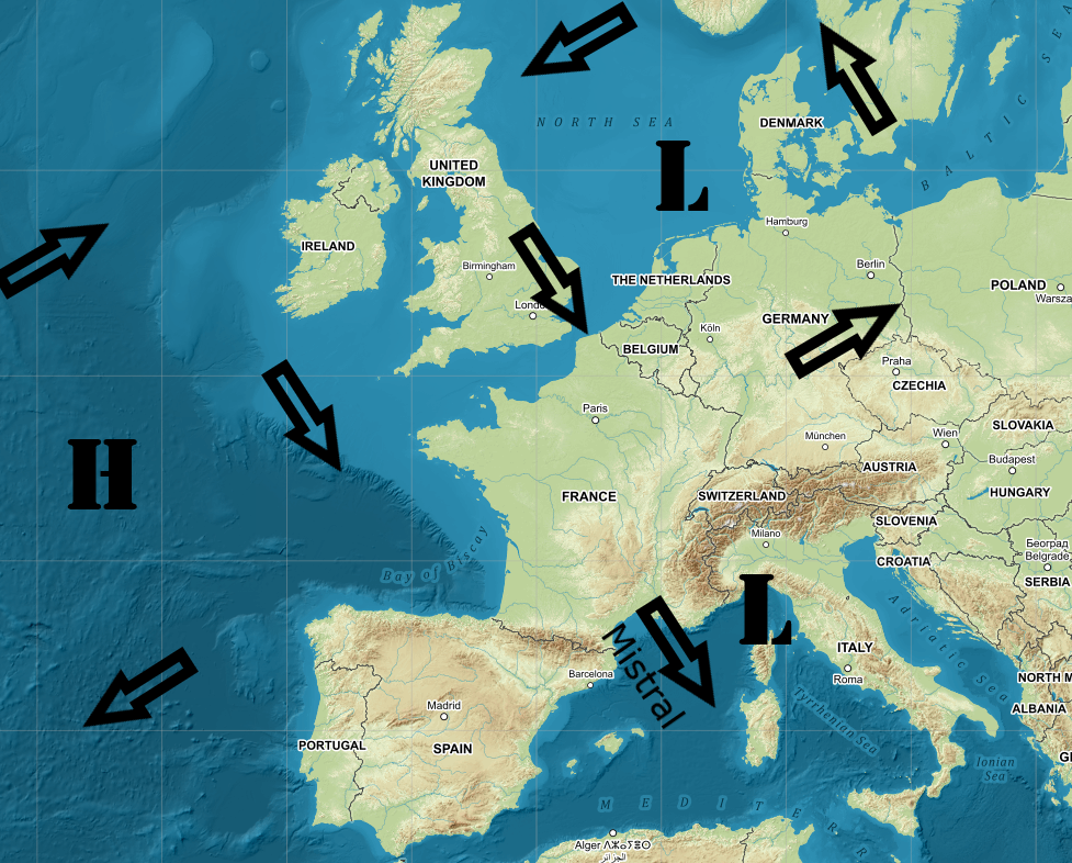 Schematic diagram of mistral wind occurrence in Europe