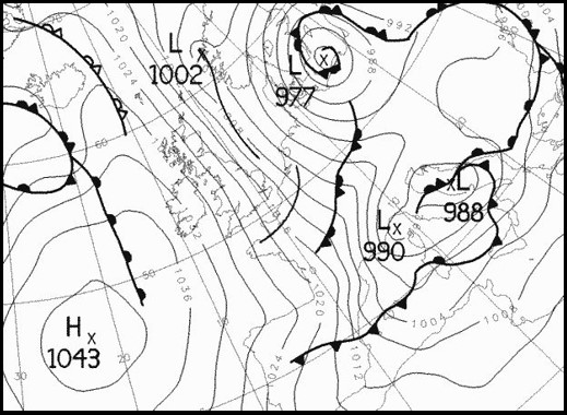 Weather chart of a Mistral event with a deep Genoa low on February 14th, 2005
