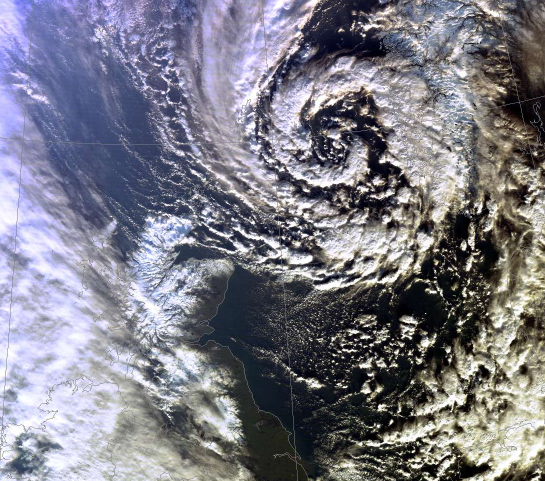 A Polar Low approaching the North Sea from the Norwegian Sea on December 6th, 2011.
