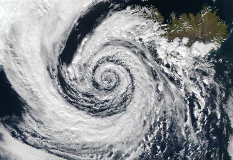 A satellite image of a cyclone near Iceland